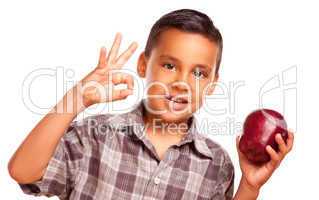 Adorable Hispanic Boy with Apple and Okay Hand Sign