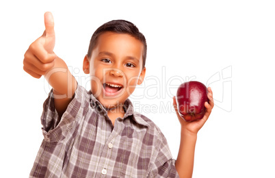 Adorable Hispanic Boy with Apple and Thumbs Up Hand Sign