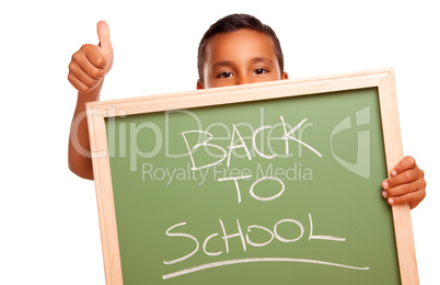 Cute Hispanic Boy Holding Chalkboard with Back to School