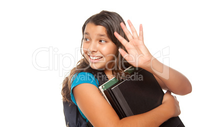 Pretty Hispanic Girl Waving with Books and Backpack