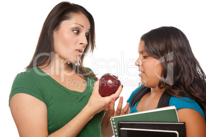 Hispanic Mother and Daughter with Books and Apple Ready for Scho