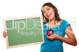 Pretty Hispanic Girl Holding Blank Chalkboard and Apple