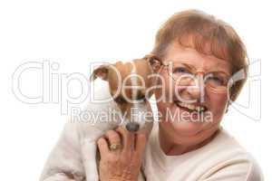 Happy Attractive Senior Woman with Puppy.