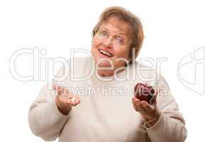 Confused Senior Woman Holding Apple and Vitamins