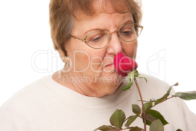 Attractive Senior Woman with Red Rose.