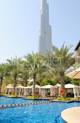 Swimming pool at luxury hotel in Dubai downtown, UAE
