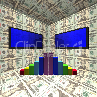 Bildschirme, Diagramm und Dollar Scheine
