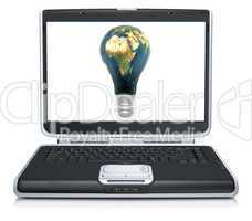 3D lamp earth textured on laptop screen isolated on a white