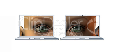 girl eyes on a laptop screens isolated on a white