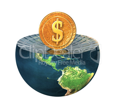 us dollar coin on earth hemisphere isolated on a white