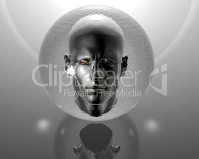 3d men head with glass orb on grey