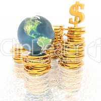 coins with 3D globe isolated on a white