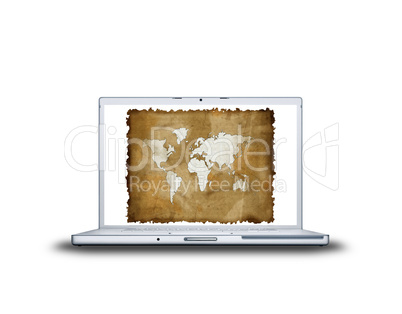 old world map on laptop screen