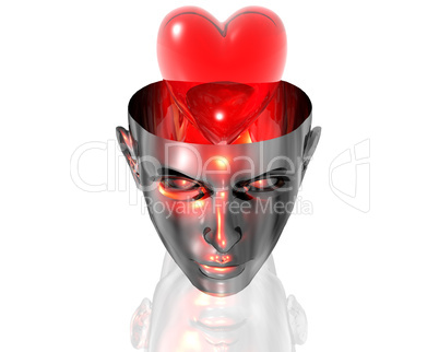 3D heart in 3D cyborg girl head
