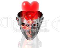 3D heart in 3D cyborg girl head