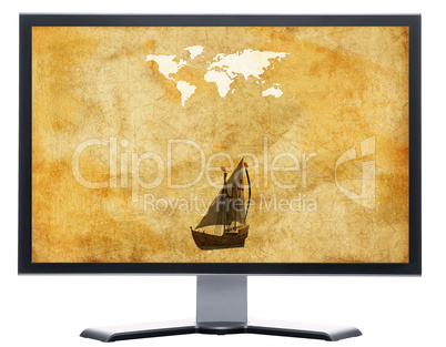 monitor with old world map on grunge retro paper