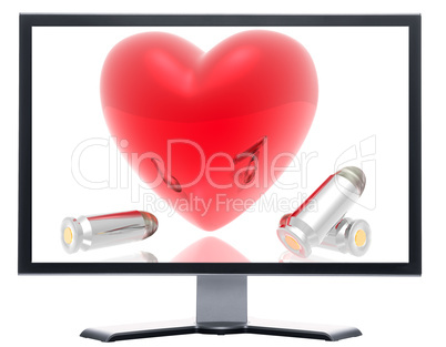 monitor with 3d hearts and bullets background