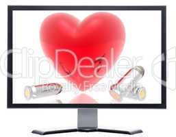 monitor with 3d hearts and bullets background