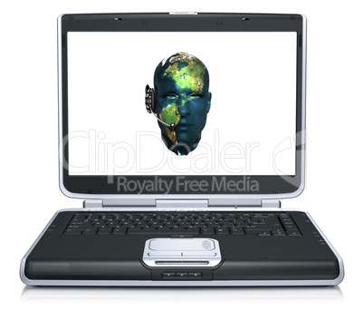 3d model of the man head world map textured on laptop screen