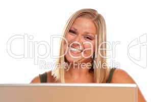 Beautiful Smiling Blonde Woman Using Laptop