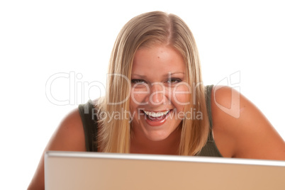 Beautiful Smiling Blonde Woman Using Laptop