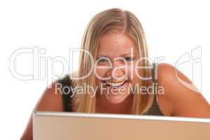 Beautiful Smiling Blonde Woman Using Laptop