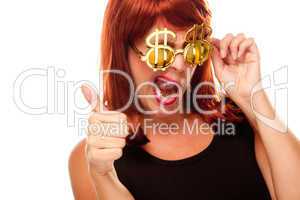 Red Haired Girl with Bling-Bling Dollar Glasses