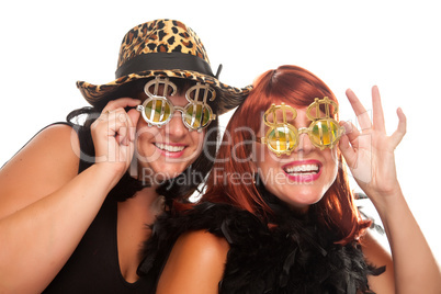 Two Beautiful Girls with Bling-Bling Dollar Glasses
