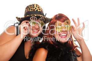 Two Beautiful Girls with Bling-Bling Dollar Glasses