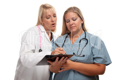 Two Doctors or Nurses Looking of File on Clipboard