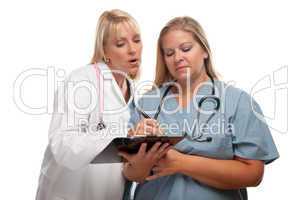 Two Doctors or Nurses Looking of File on Clipboard