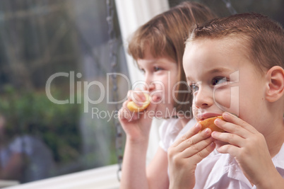 Sister and Brother Eating an Apple