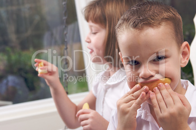 Sister and Brother Eating an Apple