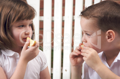 Sister and Brother Eating an Apple