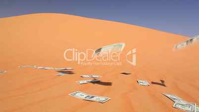 Geldscheine fliegen auf Wüstensand