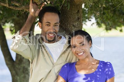 Happy Romantic African American Couple Smiling Under A Tree