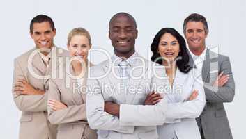 Smiling African businessman leading his team