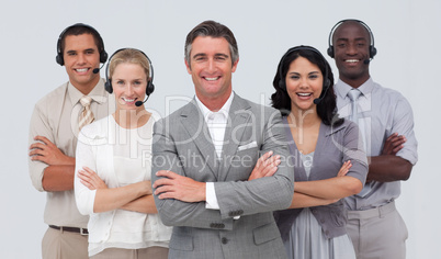 Multi-ethnic team working in a call center