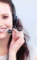 Portrait of smiling attractive woman with a headset on