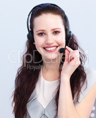 Smiling beautiful woman with a headset on