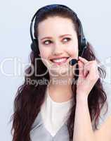 Brunette woman working in a call center