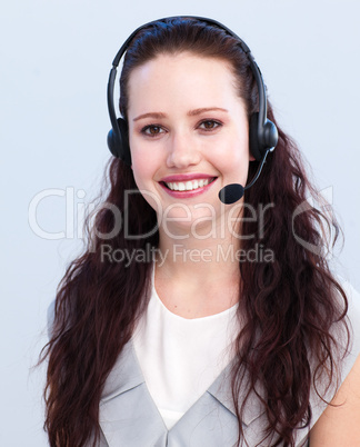 Portrait of beautiful woman working in a call center