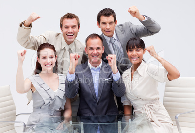 Confident business team being positive