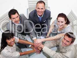 High angle of business team with hands together