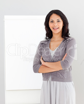 Woman standing at a presentation Board