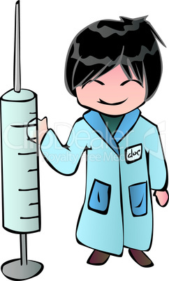 young doctor holding big syringe