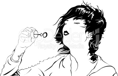 black & white portrait of girl blowing bubbles