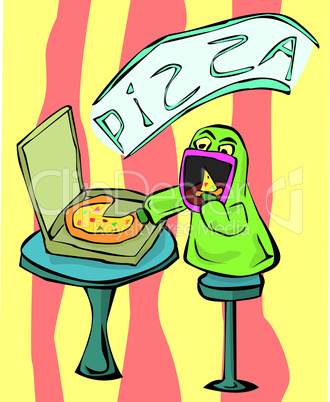 Green monster eating pizza in a cafe