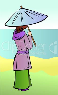 Thoughtful girl with umbrella staying on the beach