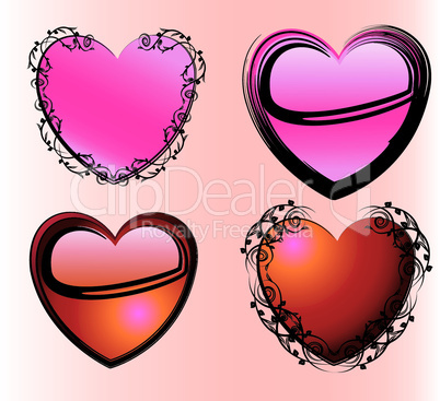 set of four glossy hearts with floral elements